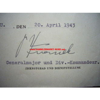 KVK Urkunde - Generalleutnant FRIEDRICH FRANEK (196.ID.) - Autog