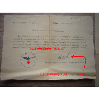 Generalmajor ADOLF WOLF (13. Flak Div.) - Autograph