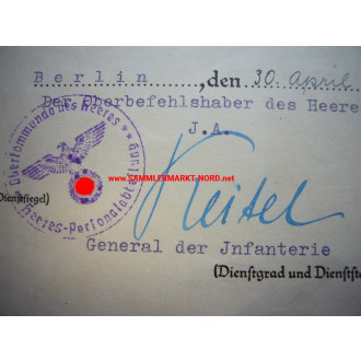 EK Urkunde - General BODEWIN KEITEL - Autograph