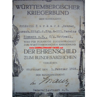 Württembergischer Kriegerbund - Ehrenschild Urkunde